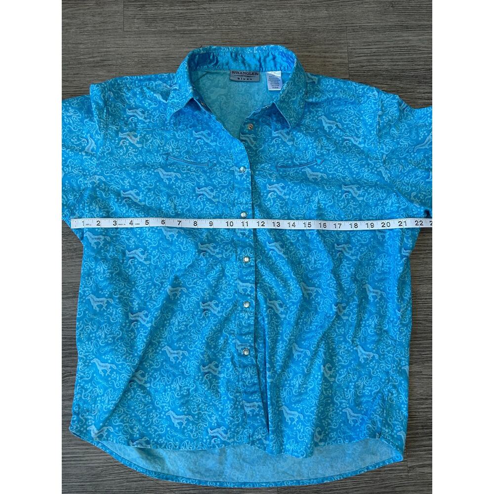 Wrangler Blues Shirt Large L Womens Blue Cowgirl Horse Print Western Pearl Snap - Picture 4 of 7